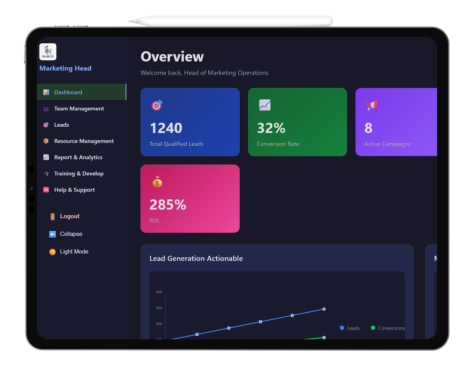 MarLn University LMS Dashboard - Modern, responsive dashboard built with React + Tailwind — giving you real-time analytics, smooth navigation, and a delightful user experience.
