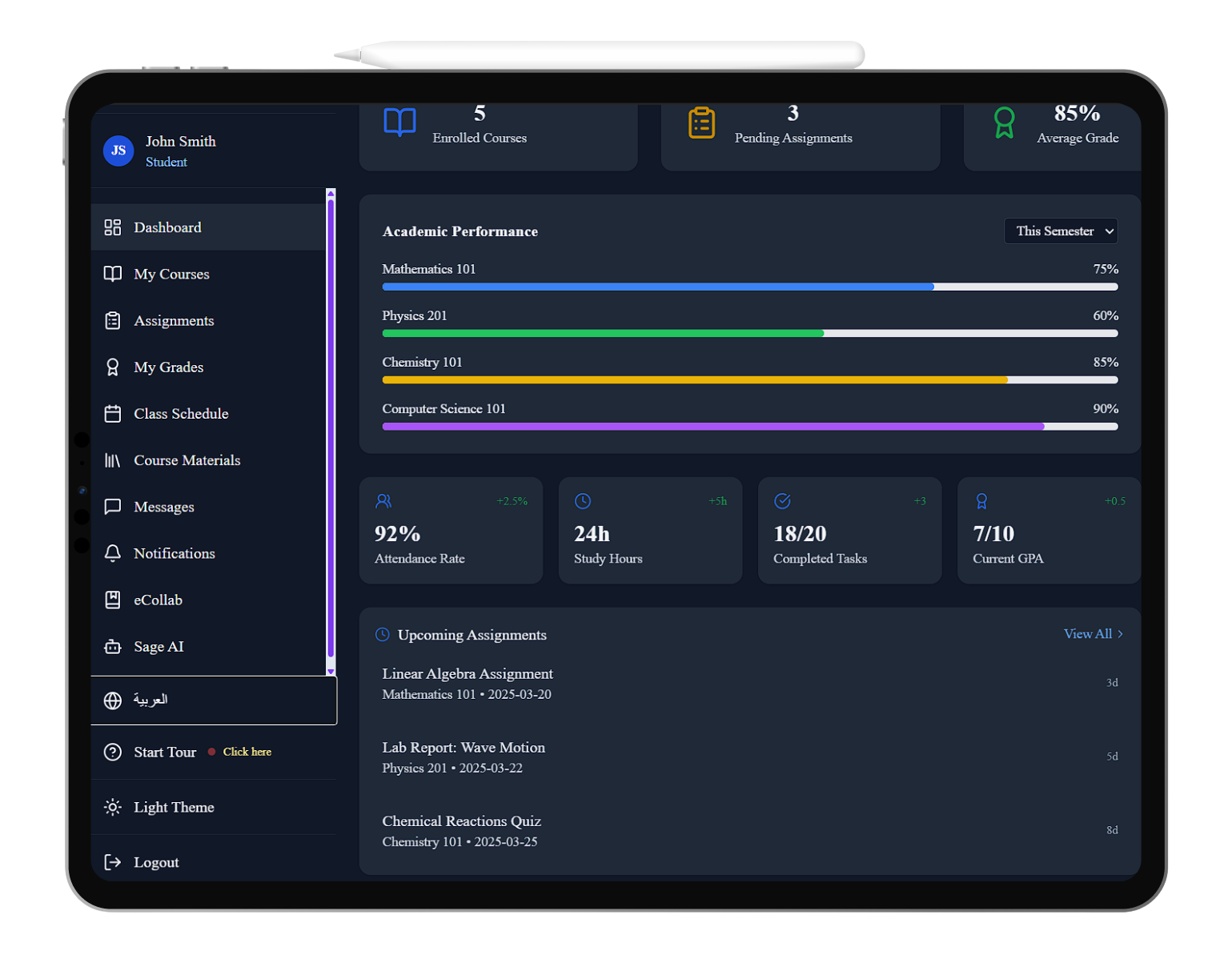 MarLn University LMS Dashboard - Modern, responsive dashboard built with React + Tailwind — giving you real-time analytics, smooth navigation, and a delightful user experience.